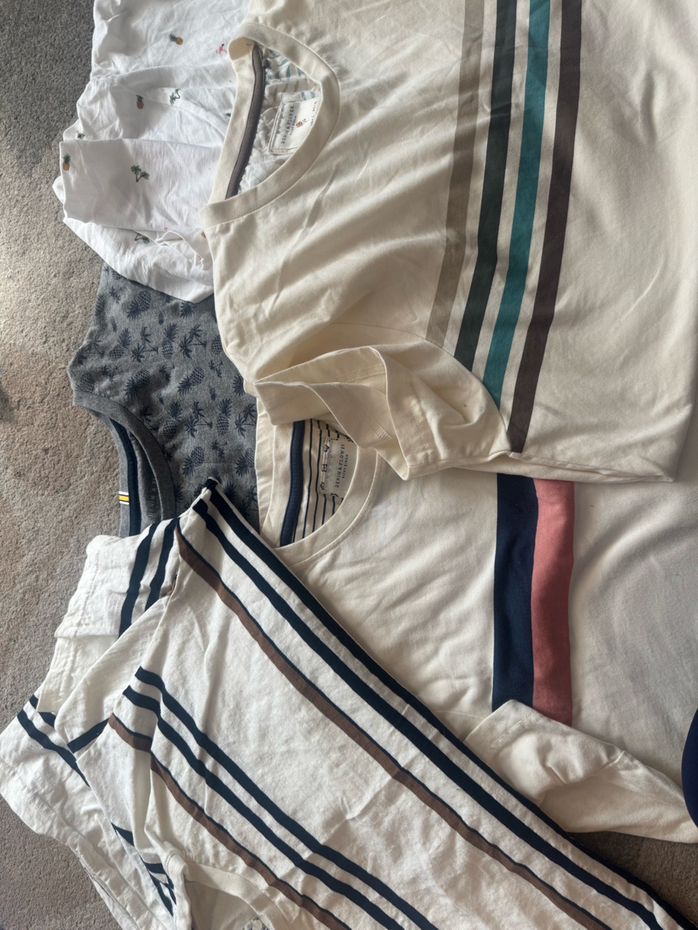 Denim & Flower White Tee with Navy, Teal, Pink and Brown Stripes